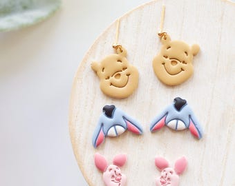 Pooh and Friends Stud and Dangle Clay Earrings | Stuffed Animal Clay Earrings | Winnie Clay Earrings | Bear, Piglet, and Eeyore Earrings