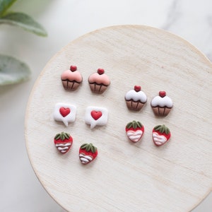 Valentine's Day Clay Stud Earrings Small Heart Clay Stud Earrings Chocolate Covered Strawberry Studs Cupcake Studs Love Potion Studs image 2