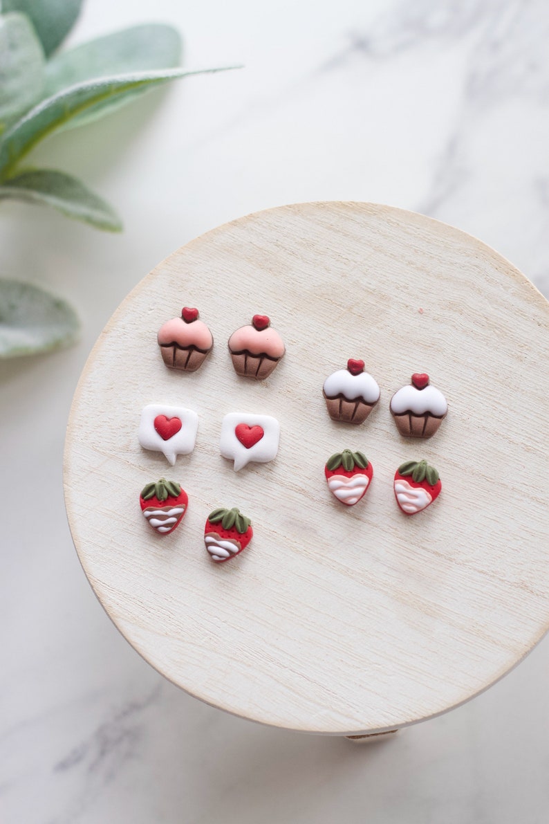 Valentine's Day Clay Stud Earrings Small Heart Clay Stud Earrings Chocolate Covered Strawberry Studs Cupcake Studs Love Potion Studs image 2