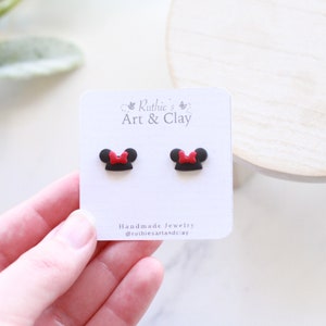 Mickey and Minnie Hat Stud Earrings Handmade Clay Disney Mouse Inspired Studs Small Earrings image 3
