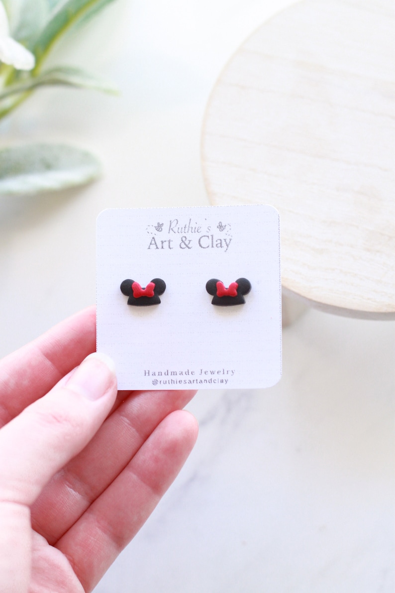 Mickey and Minnie Hat Stud Earrings Handmade Clay Disney Mouse Inspired Studs Small Earrings image 3