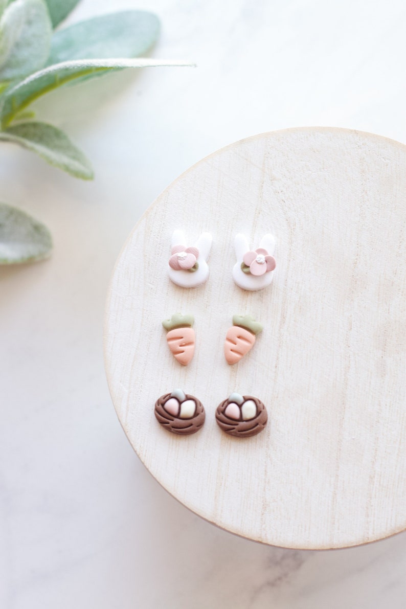 Pastel Easter Clay Earring Stud Pack Handmade Polymer Clay Easter Bunny Stud Earring Pack Spring Clay Studs Nest, Carrot, Bunny Studs image 1