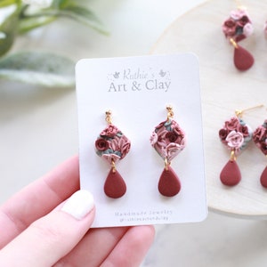 Detailed Valentines Floral Dangle Earrings Handmade Polymer Clay Floral Slab Earrings Flower Dangle Earrings Pink Floral Earrings image 1