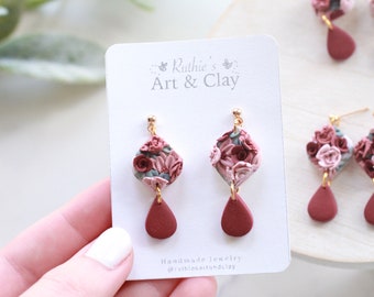 Detailed Valentines Floral Dangle Earrings | Handmade Polymer Clay Floral Slab Earrings | Flower Dangle Earrings | Pink Floral Earrings