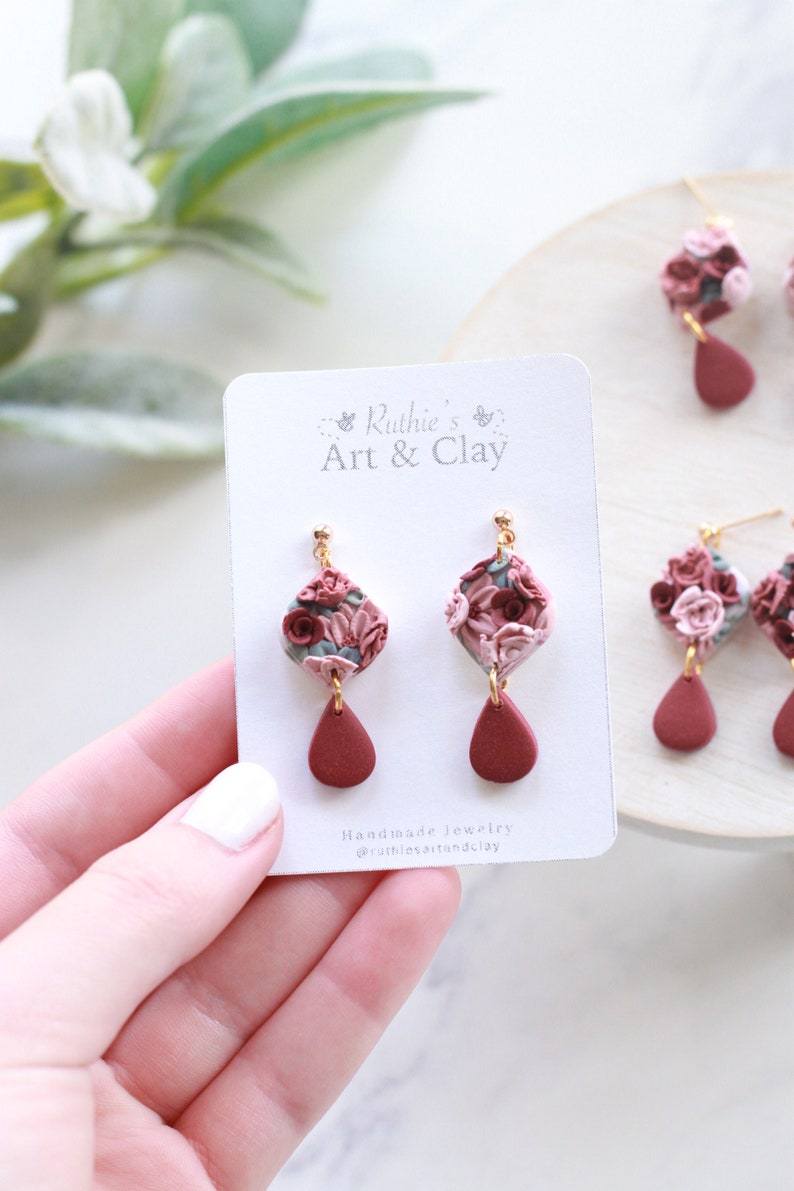 Detailed Valentines Floral Dangle Earrings Handmade Polymer Clay Floral Slab Earrings Flower Dangle Earrings Pink Floral Earrings image 1