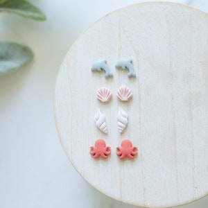 Sea Creatures Polymer Clay Stud Pack | Handmade Polymer Clay Beach Themed Earrings | Seashell, Octopus, and Dolphin Clay Earring 4 Pack