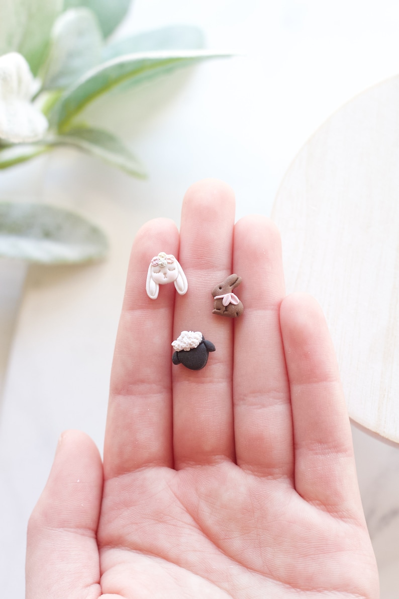 Sleepy Bunny Easter Polymer Clay Earring Stud Pack Handmade Polymer Clay Easter Stud Earrings Chocolate Bunny Studs, Lamb Studs image 3