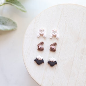 Sleepy Bunny Easter Polymer Clay Earring Stud Pack Handmade Polymer Clay Easter Stud Earrings Chocolate Bunny Studs, Lamb Studs image 4