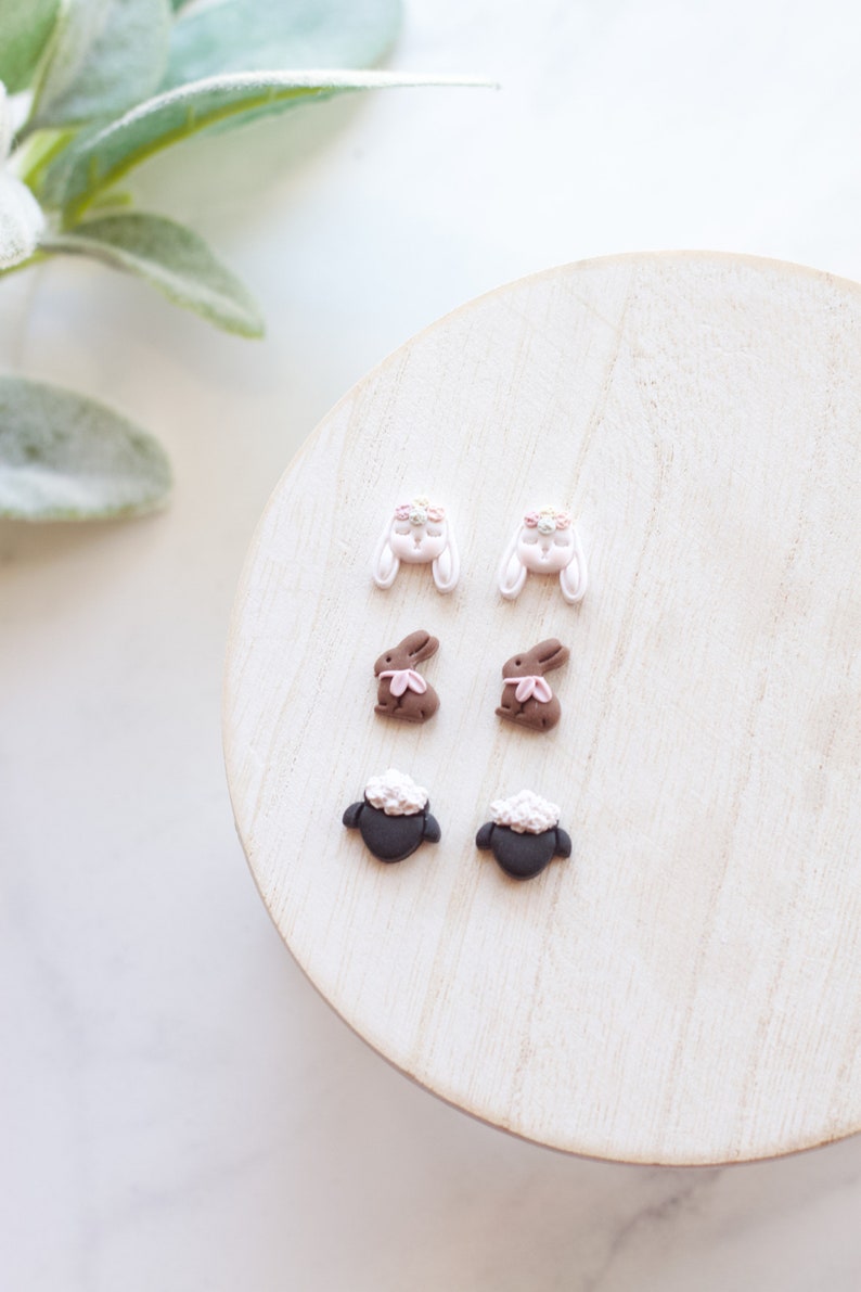 Sleepy Bunny Easter Polymer Clay Earring Stud Pack Handmade Polymer Clay Easter Stud Earrings Chocolate Bunny Studs, Lamb Studs image 4