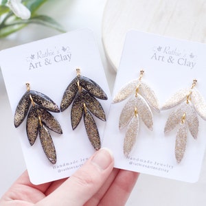 New Year's Eve Polymer Clay Leaf Dangle Earrings Handmade NYE Clay Glitter Dangle Earrings image 1