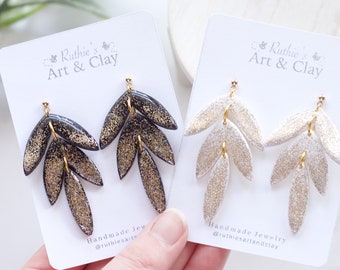 New Year's Eve Polymer Clay Leaf Dangle Earrings | Handmade NYE Clay Glitter Dangle Earrings