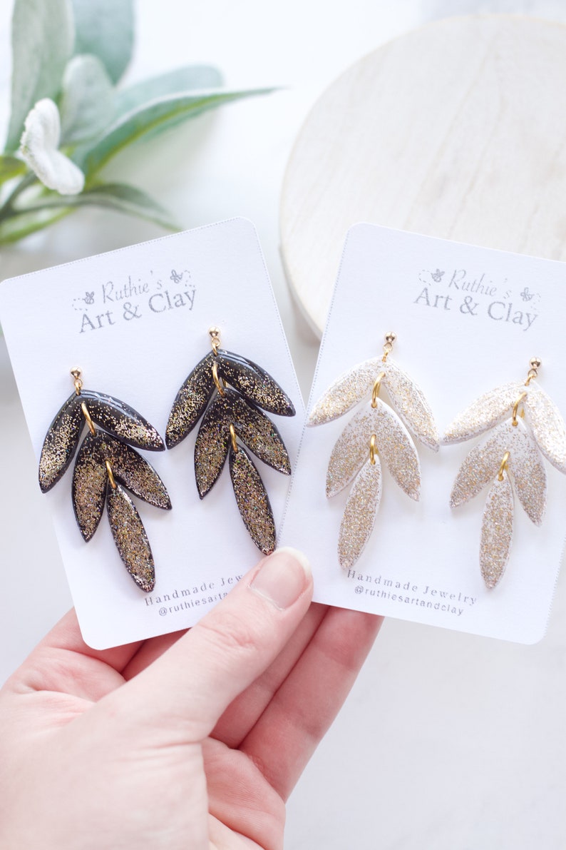 New Year's Eve Polymer Clay Leaf Dangle Earrings Handmade NYE Clay Glitter Dangle Earrings image 1