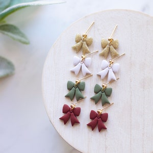 Holiday Bow Dangle Earrings | Handmade Polymer Clay Christmas Ribbon Dangles Earrings | Polymer Clay Christmas Earrings