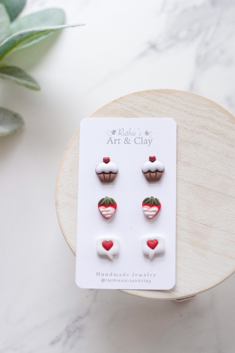 Valentine's Day Clay Stud Earring 3 Pack Handmade Clay Stud Pack Cupcake Studs Chocolate Covered Strawberry Studs Text Bubble Studs image 6