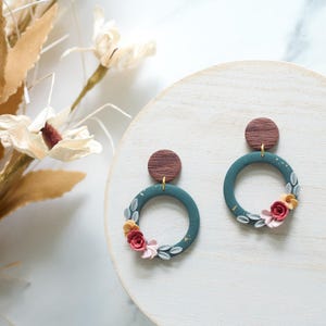 Herbst Floral Polymer-Ton baumeln Ohrringe | Herbst Ohrringe | Polymer Clay Herbst Detaillierte Blumen Clay Kreis Ohrringe