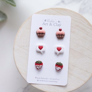 Valentine's Day Clay Stud Earring 3 Pack Handmade Clay Stud Pack Cupcake Studs Chocolate Covered Strawberry Studs Text Bubble Studs image 3