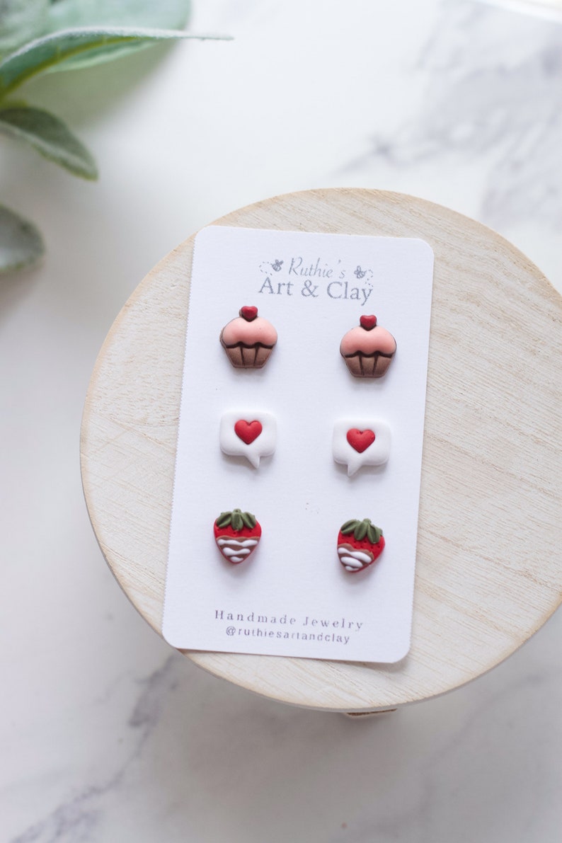 Valentine's Day Clay Stud Earring 3 Pack Handmade Clay Stud Pack Cupcake Studs Chocolate Covered Strawberry Studs Text Bubble Studs image 3