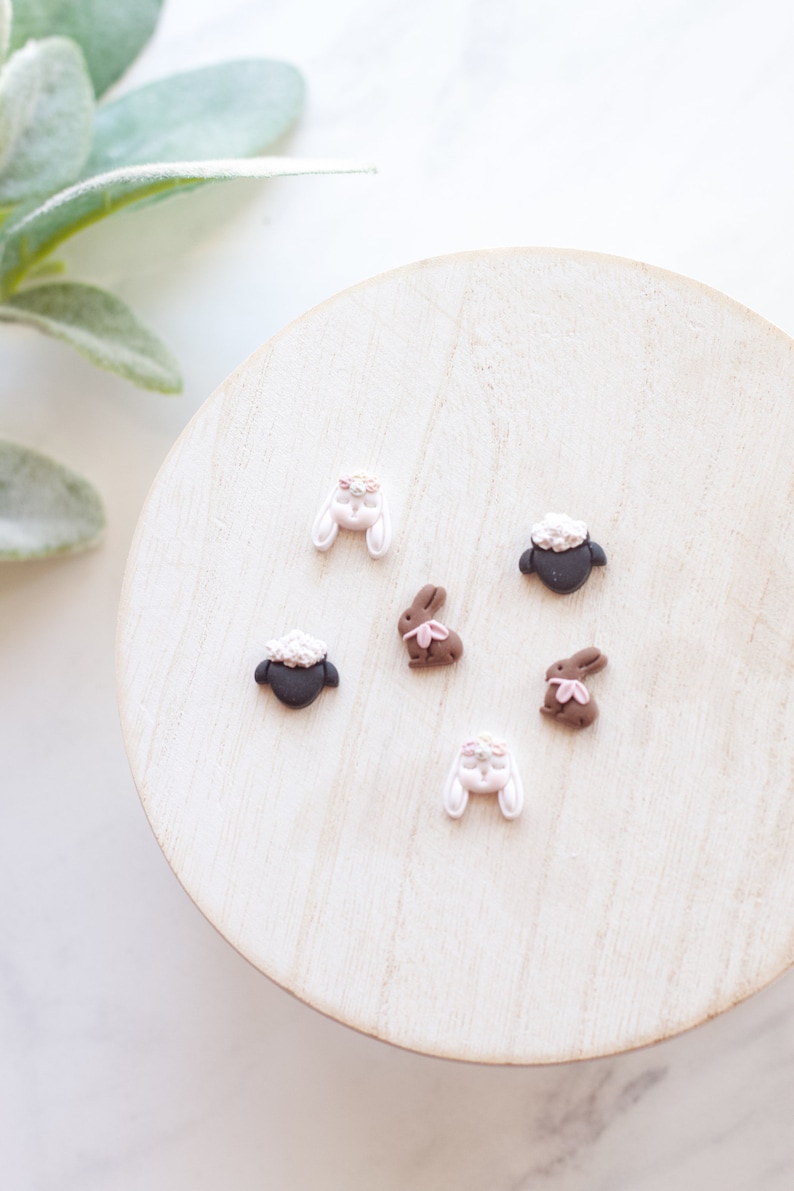 Sleepy Bunny Easter Polymer Clay Earring Stud Pack Handmade Polymer Clay Easter Stud Earrings Chocolate Bunny Studs, Lamb Studs image 2