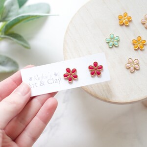 Gold Trimmed Flower Stud Earrings Handmade Polymer Clay Floral Earrings Summer Stud Earrings Flower Earrings Vibrant Flower Studs image 2