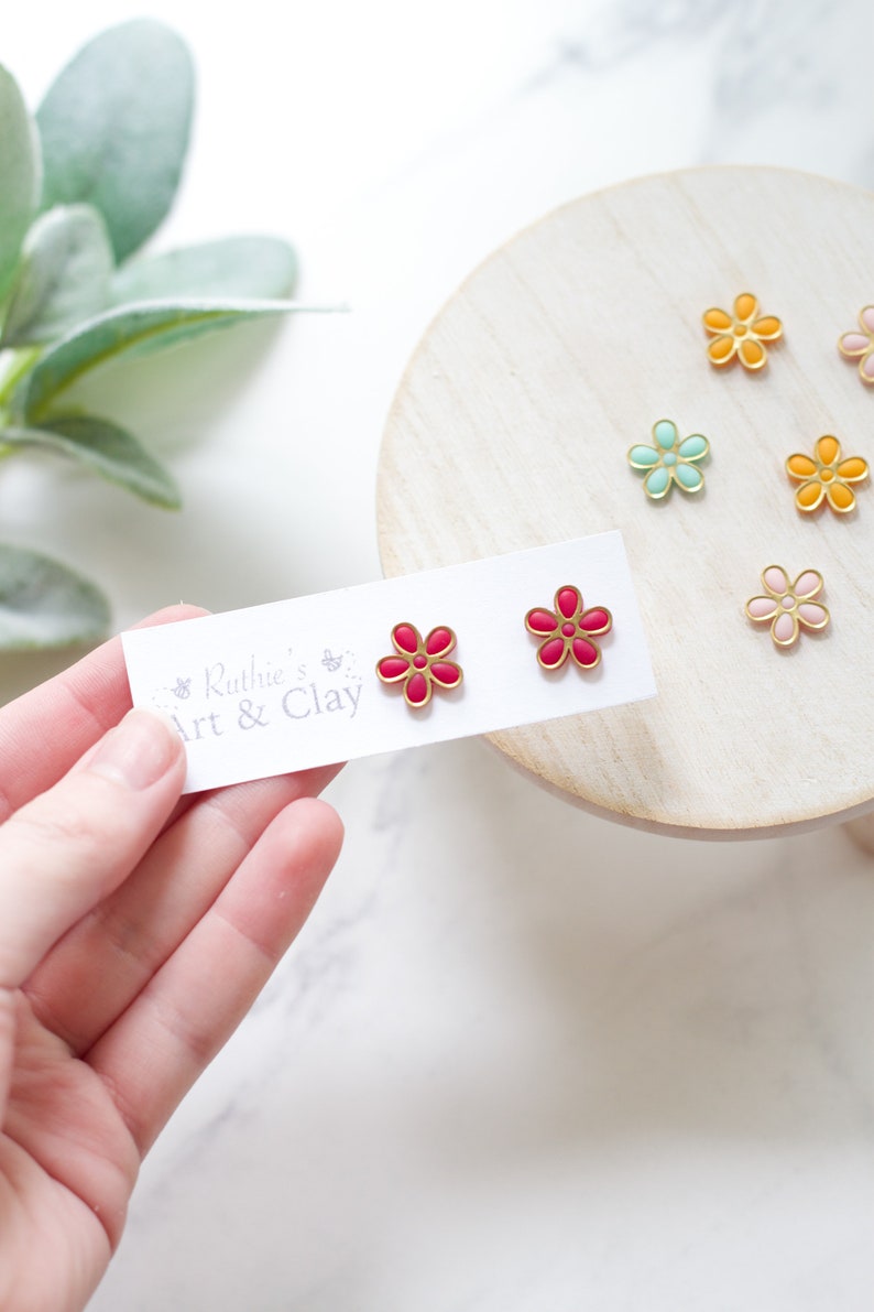 Gold Trimmed Flower Stud Earrings Handmade Polymer Clay Floral Earrings Summer Stud Earrings Flower Earrings Vibrant Flower Studs image 2