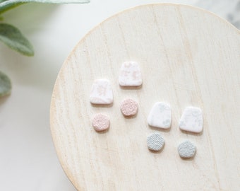 White Pink and Blue Toile Stud Earring 2 Pack | Handmade Polymer Clay Stud Earrings | Spring Clay Earrings | Small Spring Earrings