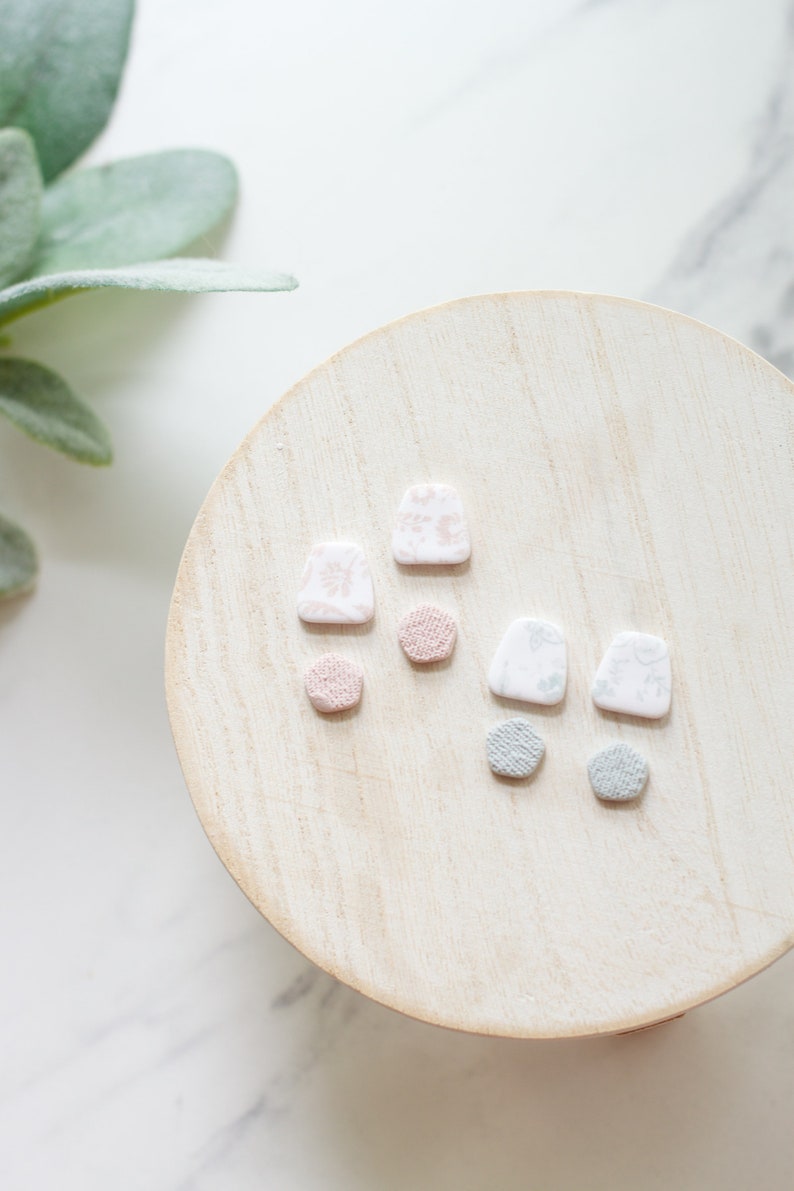 White Pink and Blue Toile Stud Earring 2 Pack Handmade Polymer Clay Stud Earrings Spring Clay Earrings Small Spring Earrings image 1