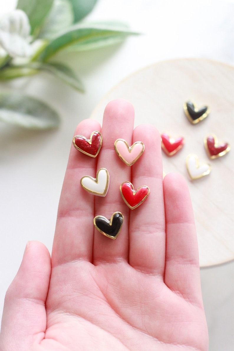 Gold Trimmed Heart Clay Stud Earrings Handmade Polymer Clay and Resin Studs Valentines Day Stud Earrings Gold Heart Earring image 5