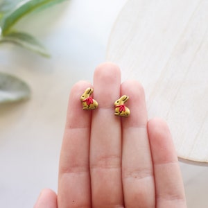 Gold Wrapped Chocolate Bunny Polymer Clay Stud Earrings Handmade Polymer Clay Easter Candy Earrings Polymer Clay Spring and Easter Studs image 1