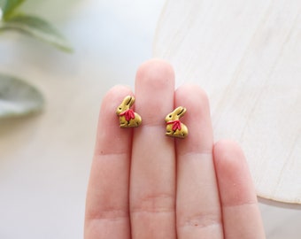 Handmade Gold Bunny Polymer Clay Stud Earrings | Easter Candy