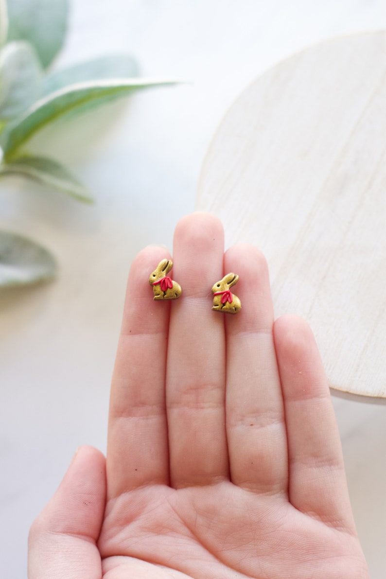 Gold Wrapped Chocolate Bunny Polymer Clay Stud Earrings Handmade Polymer Clay Easter Candy Earrings Polymer Clay Spring and Easter Studs image 1
