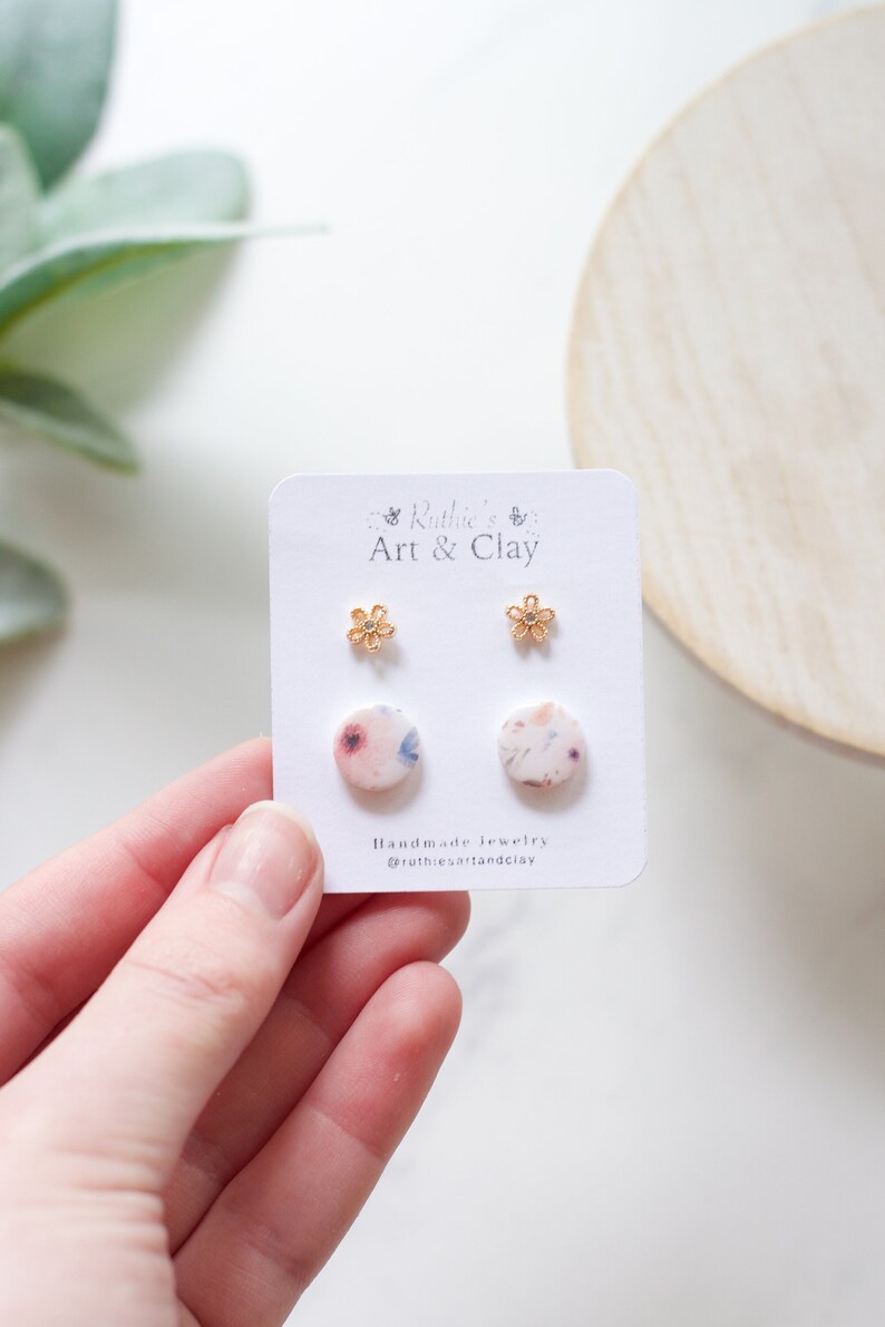 Gold Flower Stud and Floral Clay Earring 2 Pack Handmade Polymer Clay Stud Earrings Spring Clay Earrings Small Spring Earrings image 1