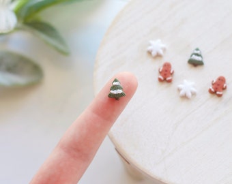 Christmas Trio Mini Studs | Handmade Holiday Polymer Clay Stud Pack | Polymer Clay Gingerbread, Christmas Tree, and Snowflake Mini Studs