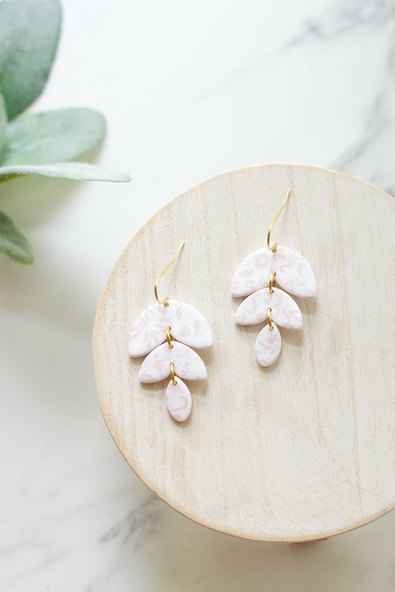 Spring White Dangle Earrings Pink and Blue Toile Dangle Earrings Handmade Polymer Clay Dangle Earrings Spring Clay Earrings image 3