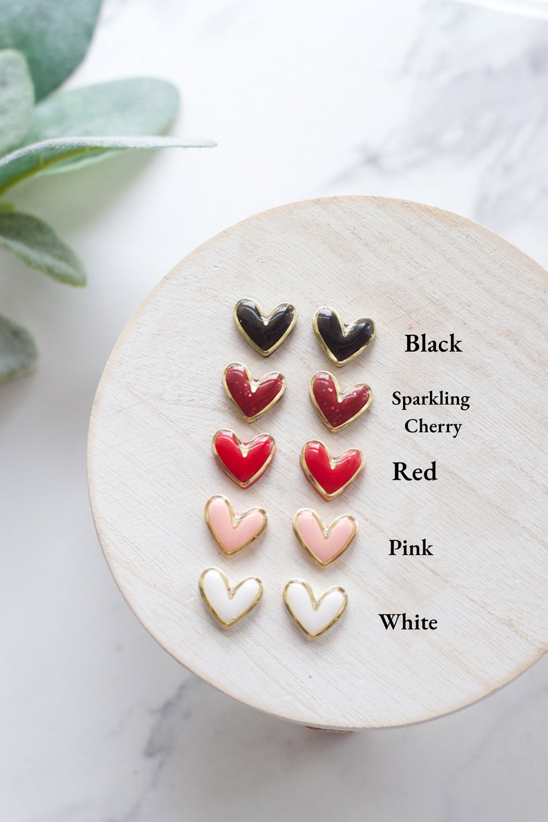 Gold Trimmed Heart Clay Stud Earrings Handmade Polymer Clay and Resin Studs Valentines Day Stud Earrings Gold Heart Earring image 6