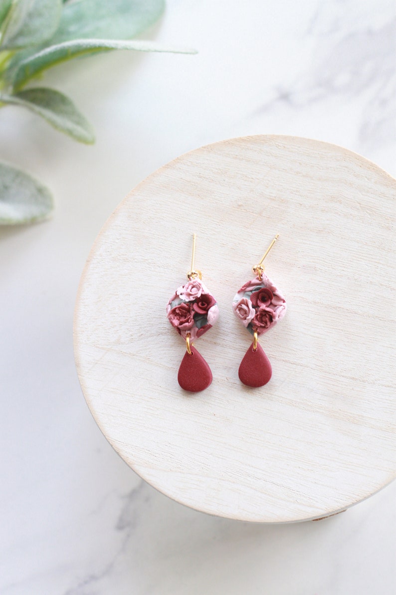 Detailed Valentines Floral Dangle Earrings Handmade Polymer Clay Floral Slab Earrings Flower Dangle Earrings Pink Floral Earrings image 3