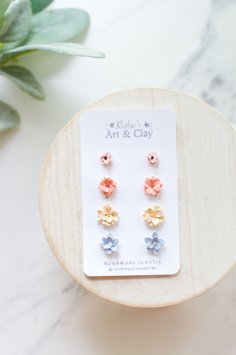 Detailed Spring Floral Stud Earring 4 Pack Polymer Clay Floral Stud Earrings Handmade Polymer Clay Flower Stud Earrings Tiny Studs image 3