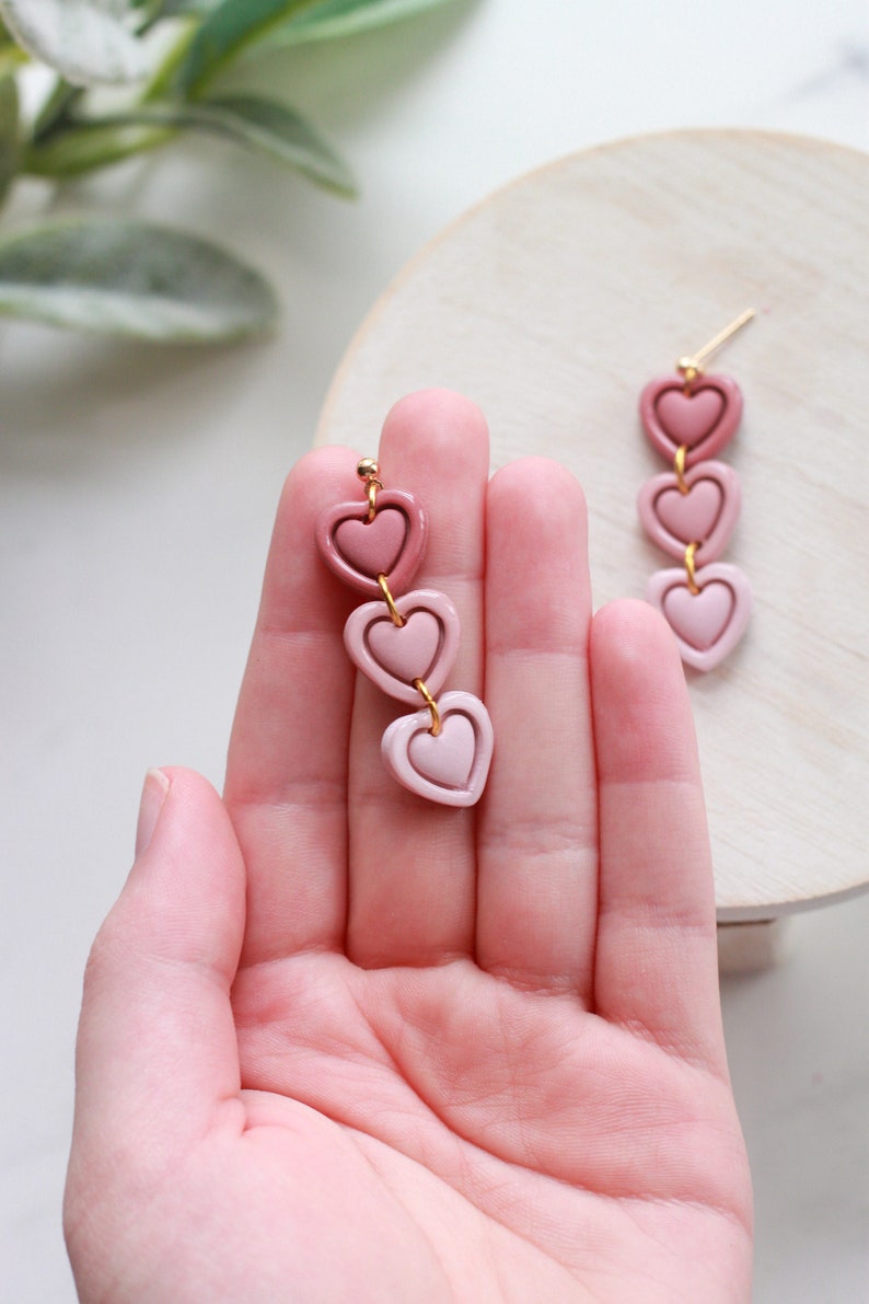 Ombre Stacked Heart Polymer Clay Dangle Earrings Handmade Polymer Clay Dangle Earrings Valentines Earrings Heart Earrings image 3