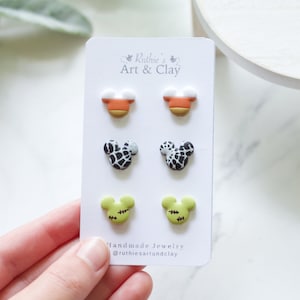 Boo to You Stud Pack Mickey Candy Corn, Spider Web, and Frankenstein Studs Handmade Clay Disney Themed Studs Disney Halloween Earrings image 1