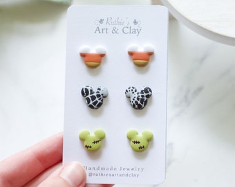 Boo to You Stud Pack | Mickey Candy Corn, Spider Web, and Frankenstein Studs | Handmade Clay Disney Themed Studs | Disney Halloween Earrings