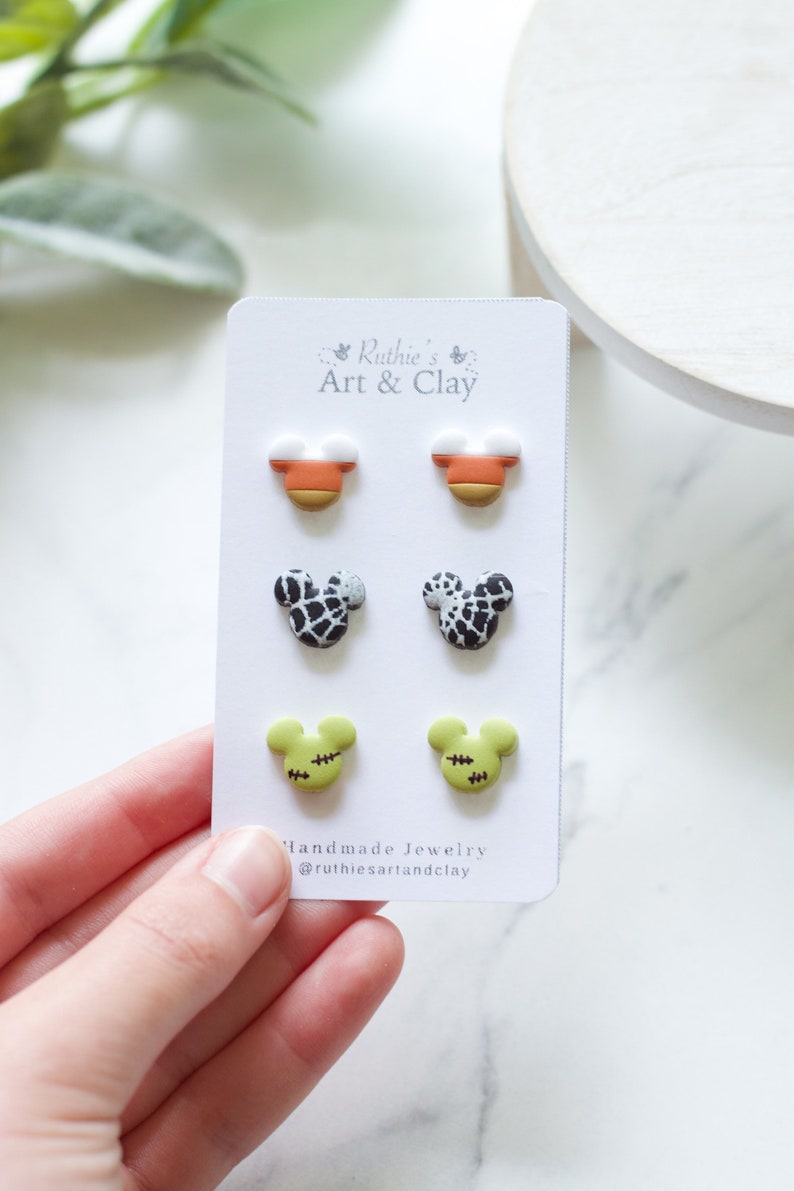 Boo to You Stud Pack Mickey Candy Corn, Spider Web, and Frankenstein Studs Handmade Clay Disney Themed Studs Disney Halloween Earrings image 1