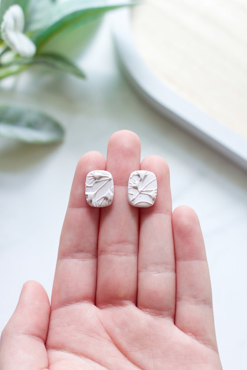 Ginkgo Leaf Texture Polymer Clay Stud Earrings Everyday Clay Jewelry Handmade Polymer Clay Studs Lightweight Clay Stud Earrings image 2