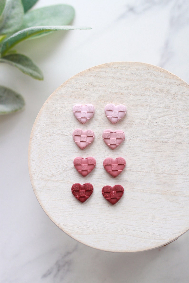 Checkered Valentine's Day Clay Stud Earrings Small Heart Clay Stud Earrings Pink Checker Textured Earrings image 1