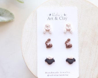 Sleepy Bunny Easter Polymer Clay Earring Stud Pack | Handmade Polymer Clay Easter Stud Earrings | Chocolate Bunny Studs, Lamb Studs