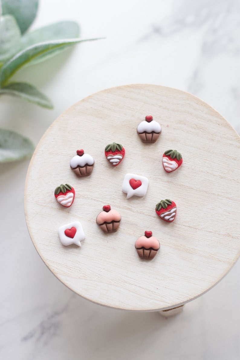 Valentine's Day Clay Stud Earring 3 Pack Handmade Clay Stud Pack Cupcake Studs Chocolate Covered Strawberry Studs Text Bubble Studs image 7