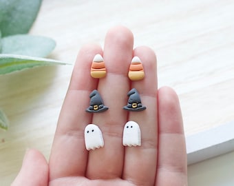 Halloween Ghost, Candy Corn, and Witch Hat Stud Earring Pack | Handmade Clay Halloween Themed Studs | Halloween Earrings