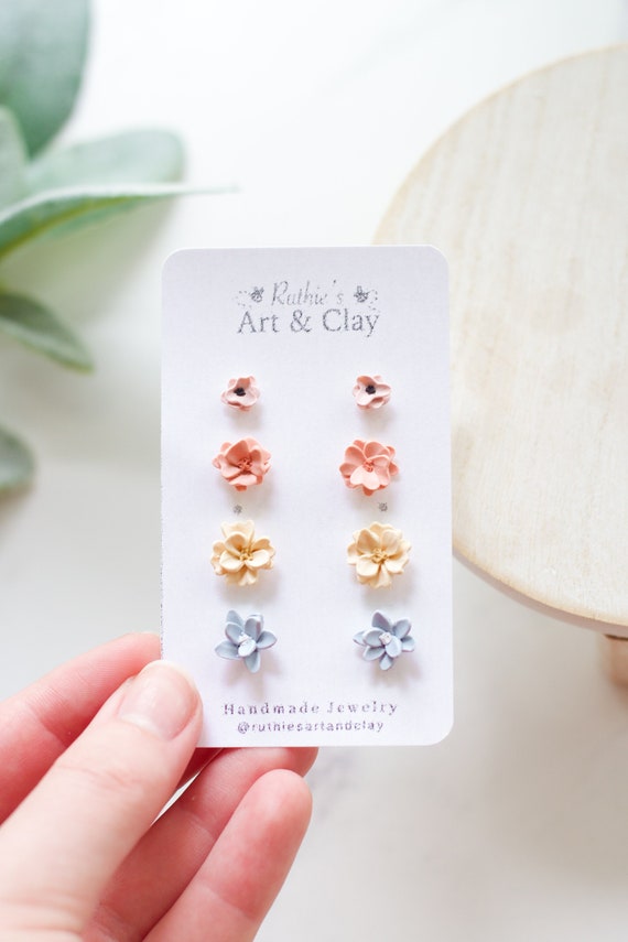 Handmade Polymer Clay Floral Stud Earrings | Spring Flower Set