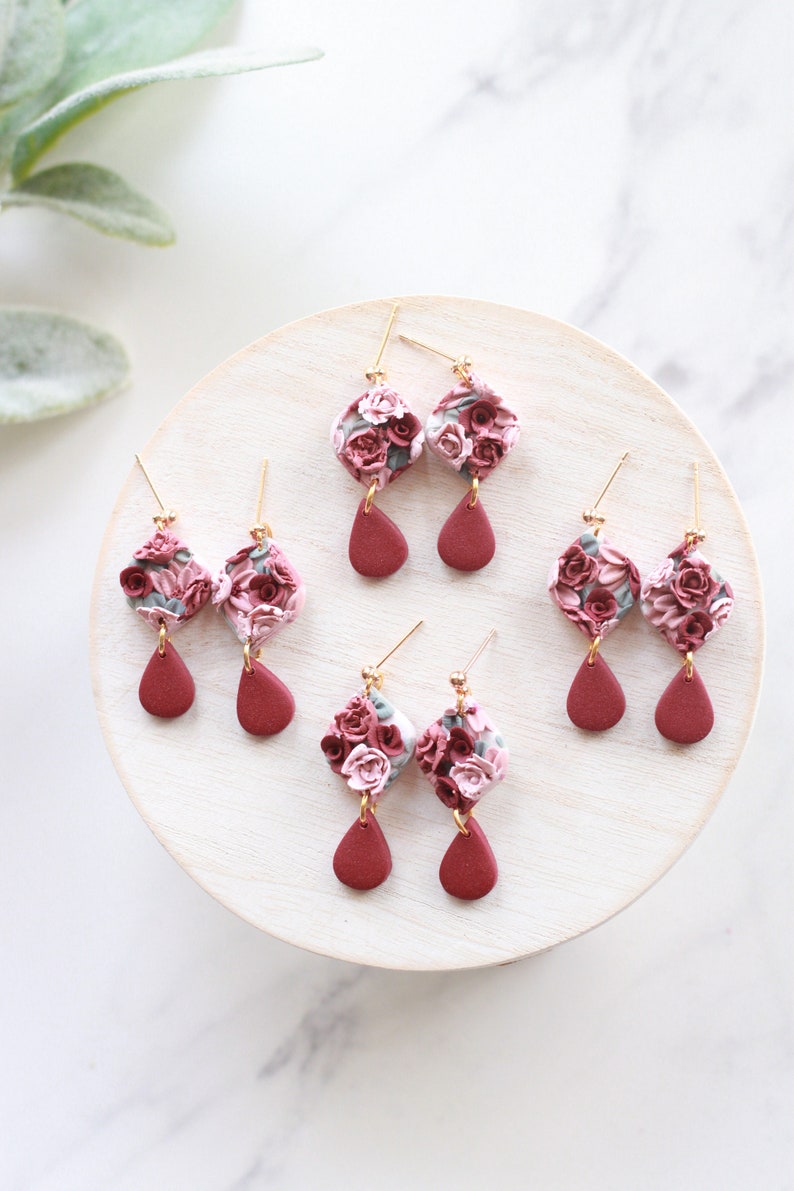 Detailed Valentines Floral Dangle Earrings Handmade Polymer Clay Floral Slab Earrings Flower Dangle Earrings Pink Floral Earrings image 2