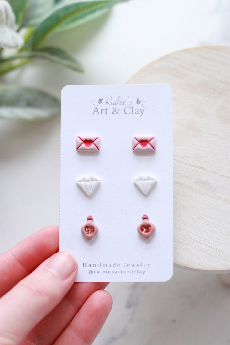 Love Potion Valentine's Day Clay Stud Earring 3 Pack Handmade Clay Stud Pack Love Letter Studs Glitter Diamond Studs image 2