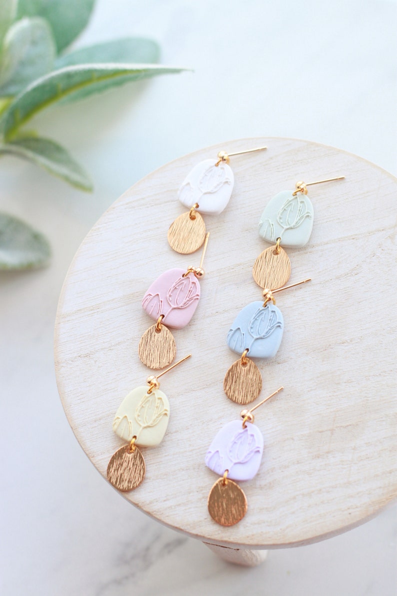 Tulip Gold Clay Dangle Earrings Handmade Polymer Clay Easter Dangle Earrings Pastel Easter Dangle Earrings Spring Clay Earrings image 2