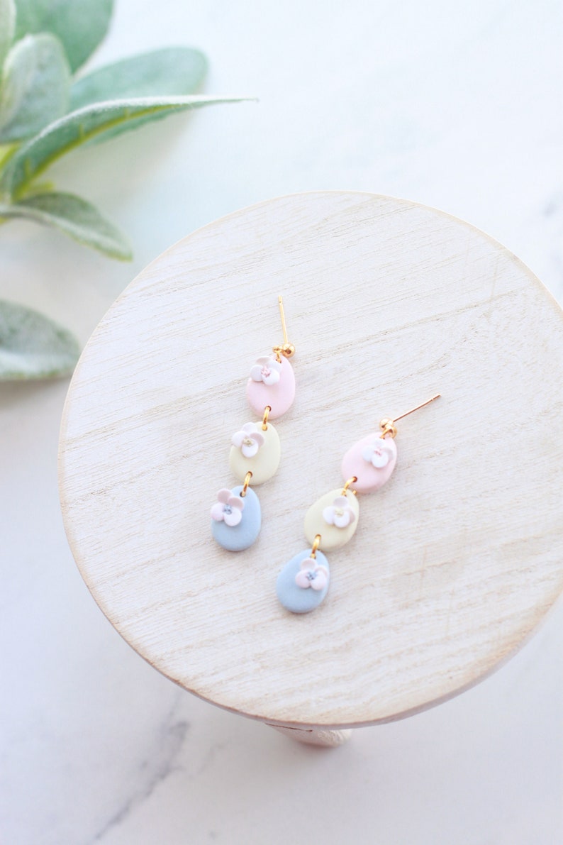 Pastel Floral Egg Dangle Earrings Handmade Polymer Clay Easter Dangle Earrings Pastel Easter Dangle Earrings Spring Clay Earrings image 5